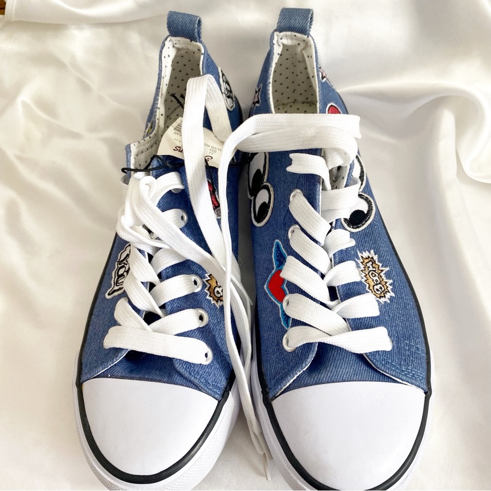 Twisted NWT Blue Denim Sneakers with Fun Patches, White Soles. 8
